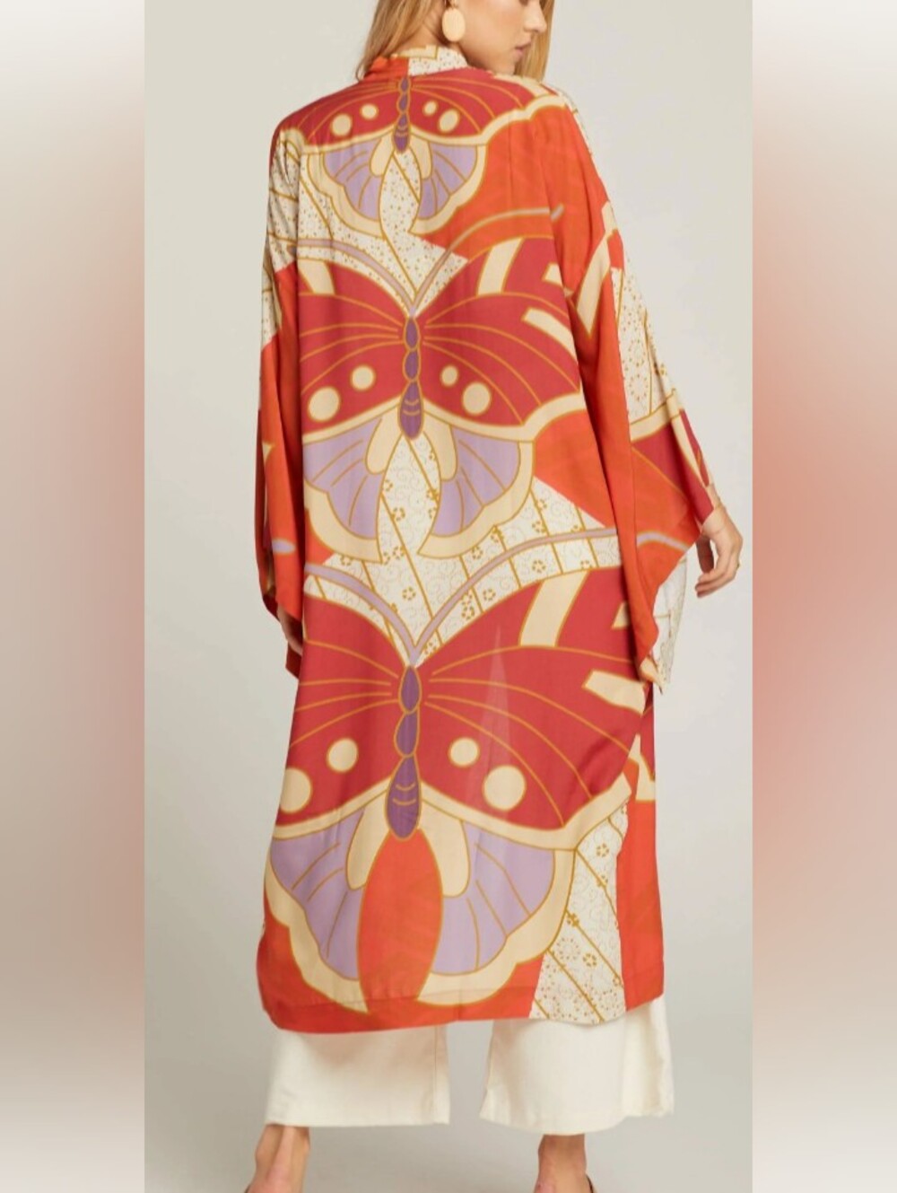 Novella Royale Red-Orange Butterfly Print Kimono Robe
